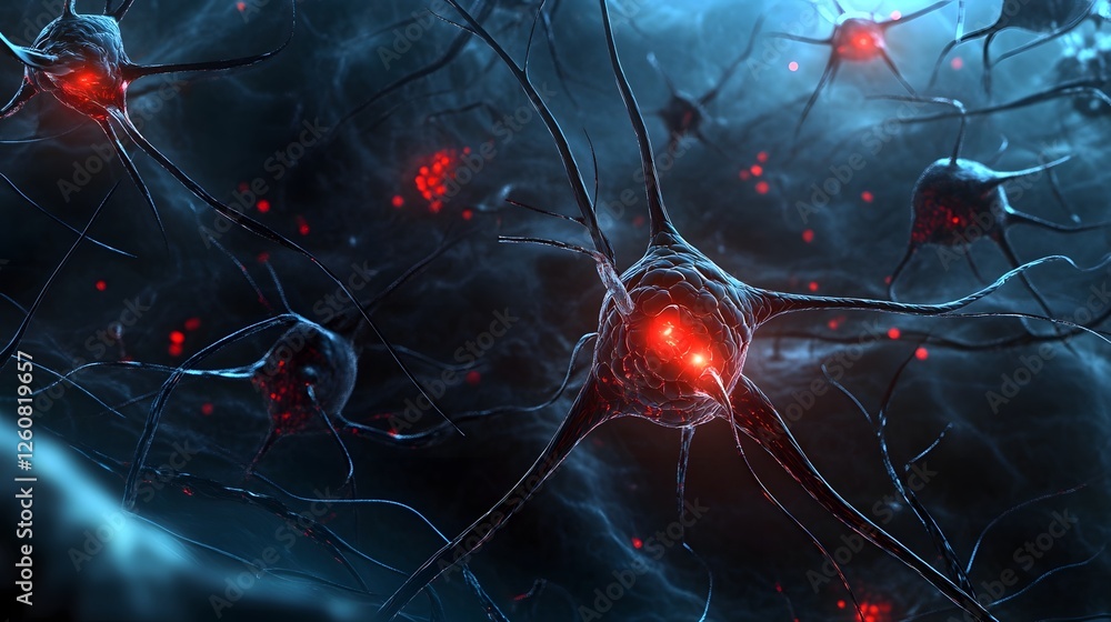 Poster closeup view of glowing neurons and synapses in a futuristic illuminated neural network background
