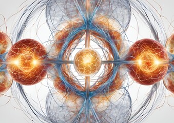 Scientific atom models with colorful electron orbits for physics and chemistry on white light background