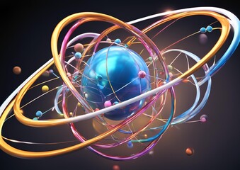 Scientific atom models with colorful electron orbits for physics and chemistry on white light background