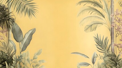 Tropical foliage frames a muted yellow background