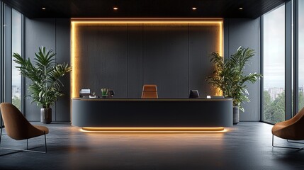 Modern office with a black desk and two chairs