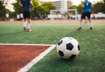 Fototapeta premium A point-of-view shot of a street soccer game with players of different ages on a busy city court.