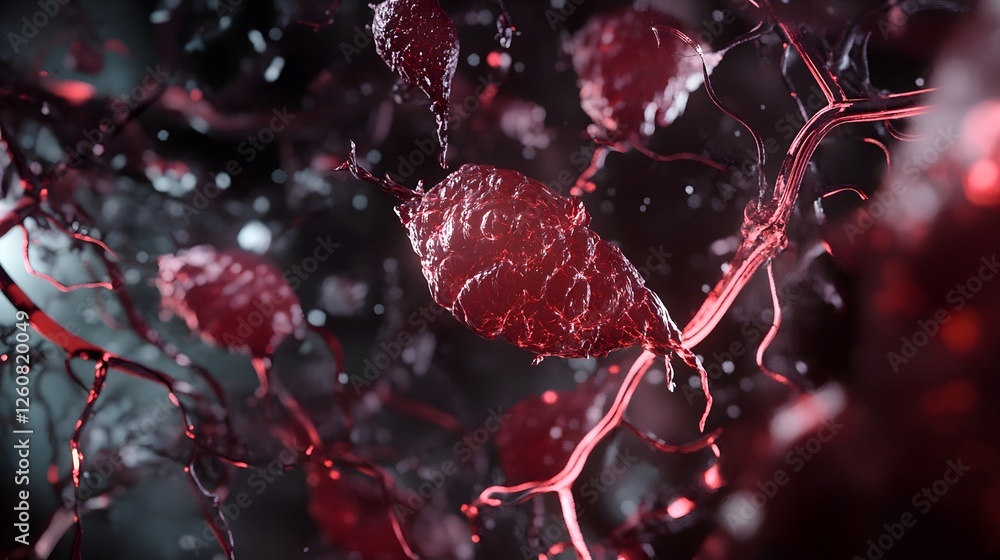 Poster closeup view of vibrant red autumn leaves with delicate raindrops clinging to the branches in a natu