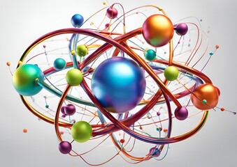 Scientific atom models with colorful electron orbits for physics and chemistry on white light background