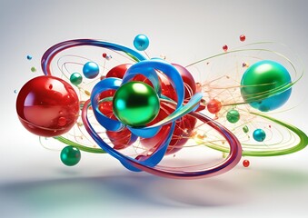 Scientific atom models with colorful electron orbits for physics and chemistry on white light background