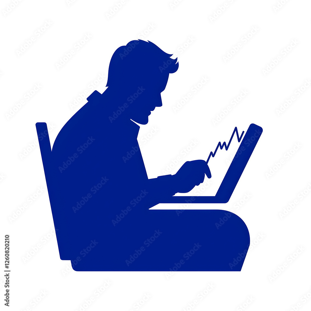 Poster person analyzing data on laptop with graphs and charts in blue color