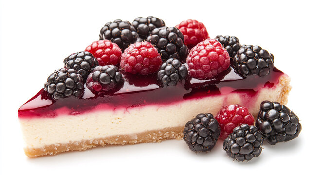 Slice of cheesecake with berry topping isolated on white background.