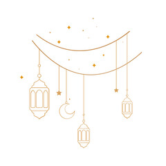 Ramadan hanging line lanterns and lamps with star, crescent moon and arabian decoration. Traditional islamic lanterns. svg icon