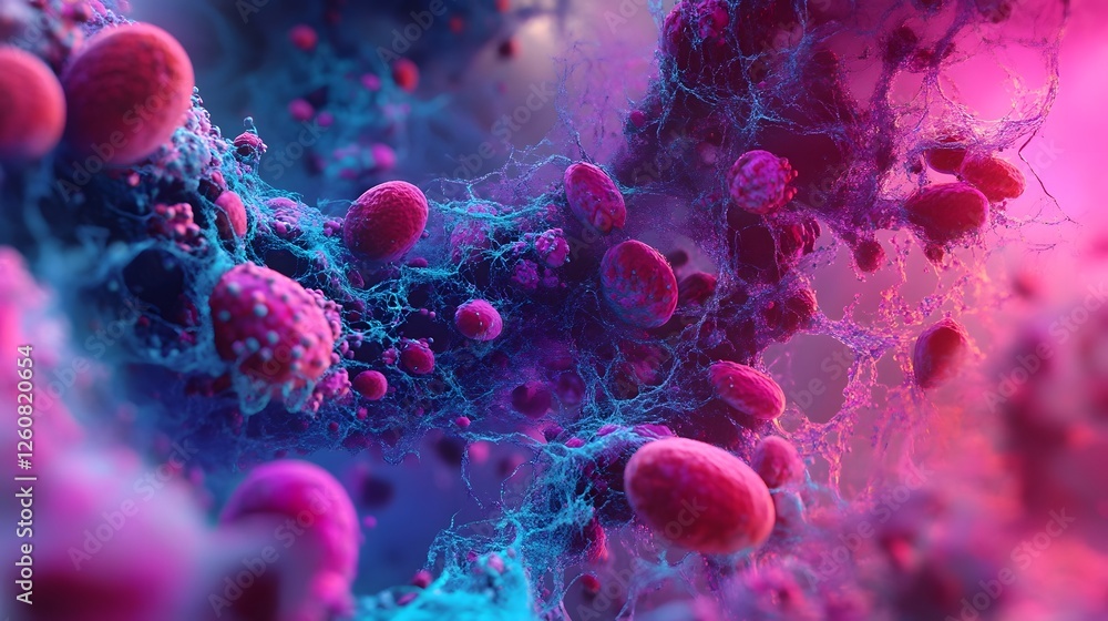 Poster colorful microscopic view of vibrant glowing microorganisms and pathogens under scientific research 