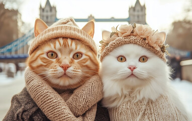 Happy couple in love, white fluffy female cat in a hat and sweater and red male cat  in a coat take a selfie against the backdrop of Tower Bridge in London, , United Kingdom