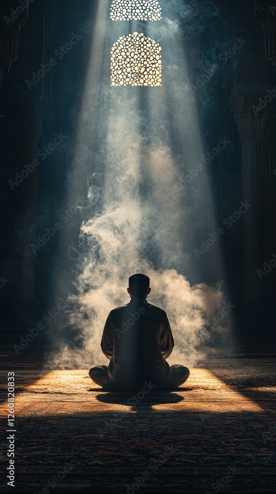 Poster a tranquil moment unfolds as a silhouette of a man sits in worship, enveloped by soft rays of light 
