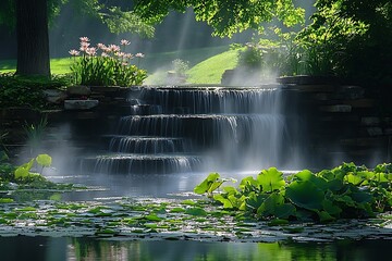 Serene waterfall cascading into a tranquil pond surrounded by lush greenery and blooming flowers