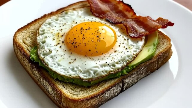 Egg bacon breakfast toast with avocado on plate