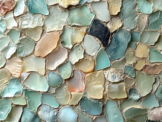Textured mosaic with sea glass elements, organic shapes, natural color palette, handcrafted artistic pattern