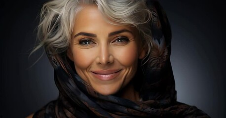 Elegant mature woman with silver hair and a warm smile, exuding confidence, beauty, and wisdom. Concept of aging gracefully, self-love, and empowerment. Ideal for lifestyle, fashion, wellness themes