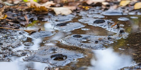 Fototapeta premium Autumnal Puddle Reflections Close up of Water on Rocky Ground with Fallen Leaves
