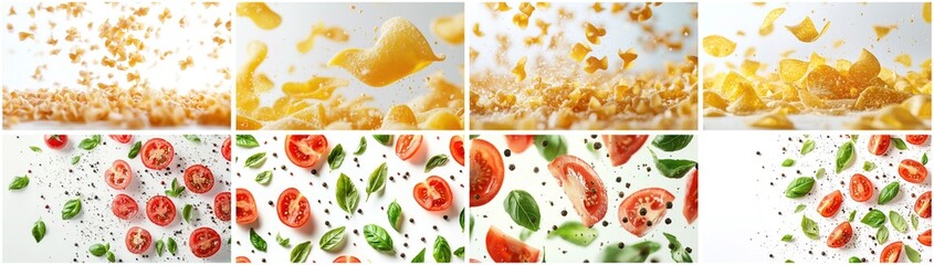 Vibrant Food Collage Featuring Tomatoes Basil Pasta and Croutons