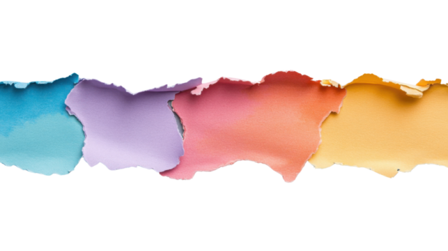 Colorful torn paper pieces creating a vibrant panoramic design on transparent background