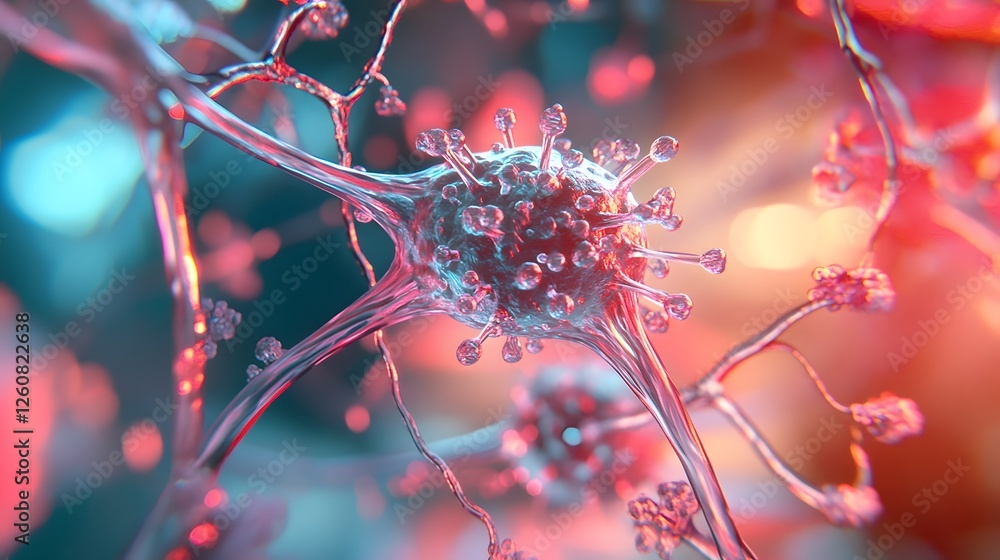 Poster detailed microscopic close up view of a vibrant colorful virus or bacterial microorganism structure 