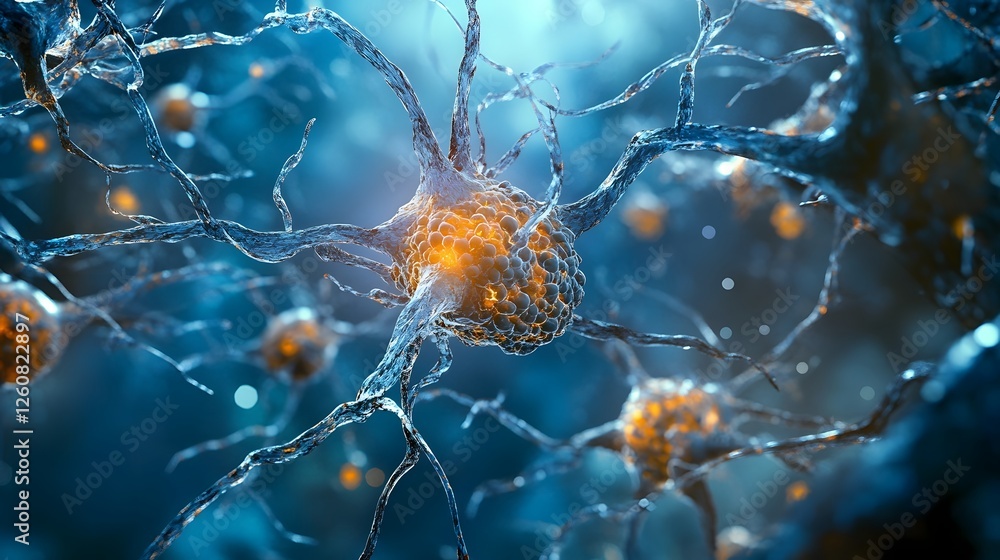 Poster detailed microscopic showcasing the intricate structure and interconnected neural network of a synap
