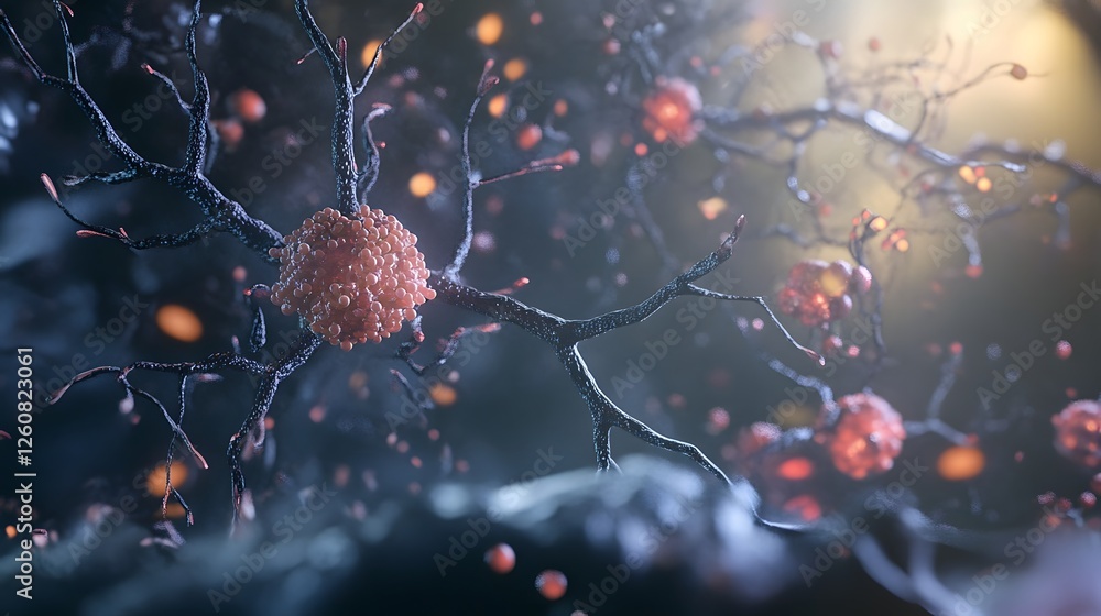 Poster Detailed microscopic view of a complex neural network showcasing the intricate structure and interconnectivity of neurons and synapses