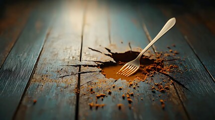 A surreal scene of a fork embedded in a cracked wooden surface with cocoa powder scattered