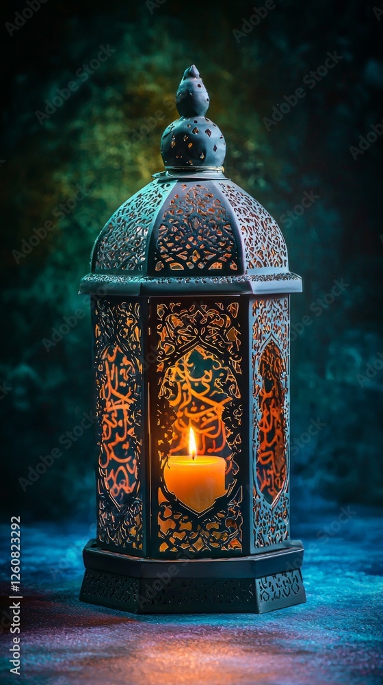 Poster an exquisite ornamental arabic lantern stands tall, adorned with intricate patterns. the flickering 