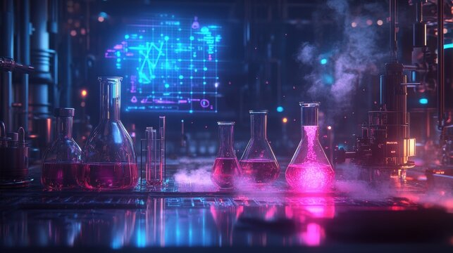 Futuristic chemistry lab with neon test tubes and holographic displays. Generative AI