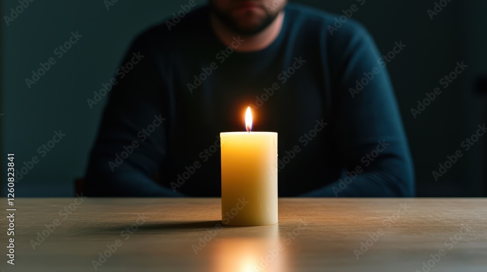 Poster fear of the dark concept, single candle illuminating dining table in dark setting with relaxed indiv