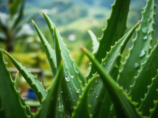Fototapeta premium Close up of Aloe Vera Plant with Water Droplets