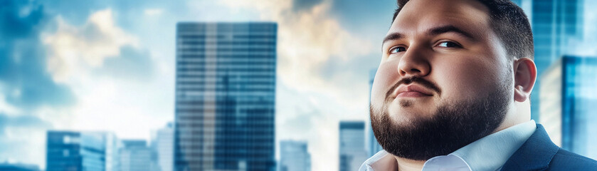 Confident businessman stands against city skyline backdrop