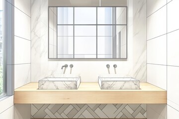 Modern, double vanity bathroom, marble sinks, light wood counter, herringbone tile floor, city view