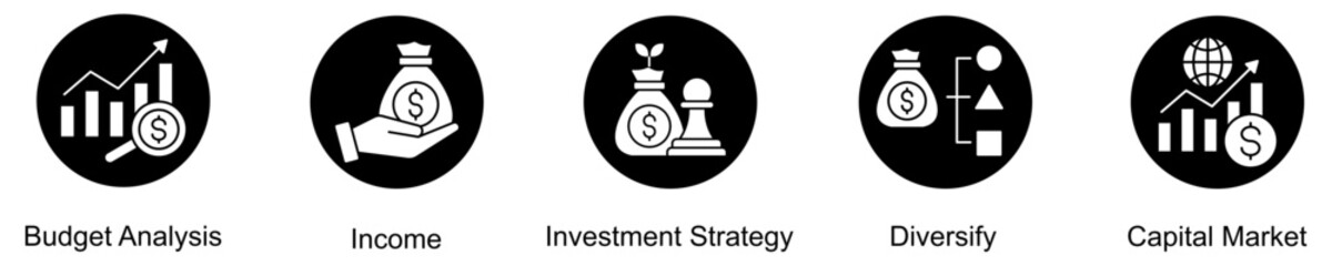 Capital Growth Icon Set Isolated Vector With Icon Of Budget Analysis, Income, Investment Strategy, Diversify, Capital Market