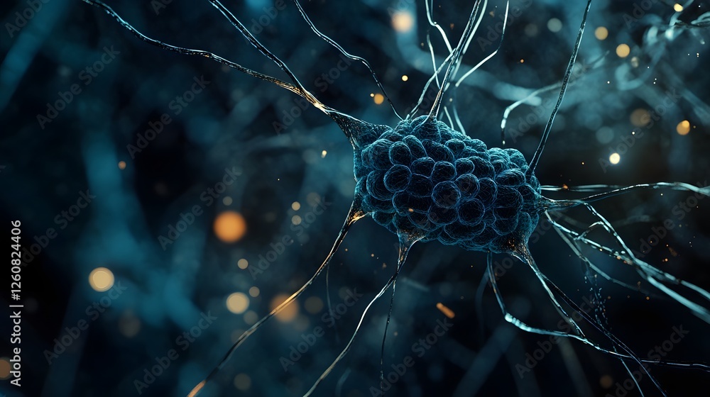 Poster Detailed microscopic view of an intricate neural network synapse with glowing digital textures and futuristic blue tones representing the complexity of the human brain and nervous system