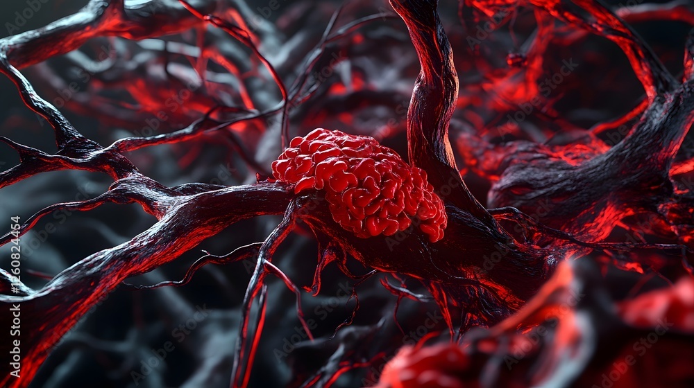Poster detailed microscopic view of cancerous cells with intricate red toned structures highlighting the co