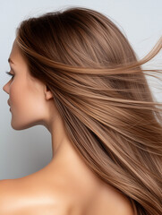 Fototapeta premium Effortless Beauty: A woman's long, flowing brunette hair cascades down her back, softly illuminated in a side profile. Her hair shines with health and vibrancy.