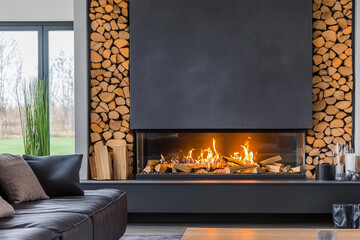 Cozy living room with modern fireplace and rustic decor