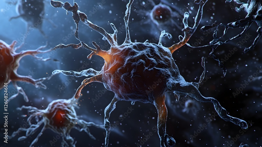Fototapete detailed microscopic view of neuron cells with synaptic connections and electrical signals glowing i