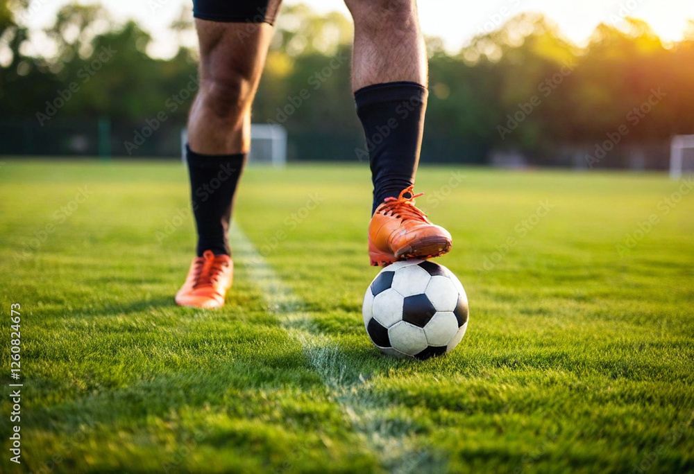 Wall mural A macro shot of a Hispanic male young adult's cleats as they strike the ball mid-motion, captured from a low angle.