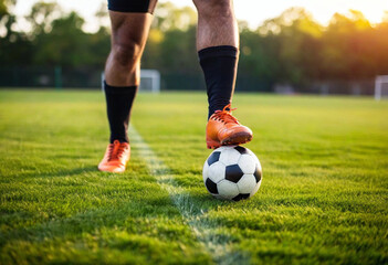 Fototapeta premium A macro shot of a Hispanic male young adult's cleats as they strike the ball mid-motion, captured from a low angle.