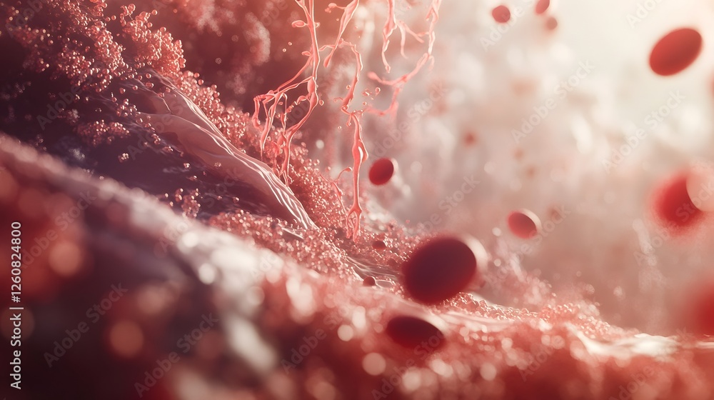 Poster detailed microscopic view of vibrant red and pink cellular structure and microorganisms