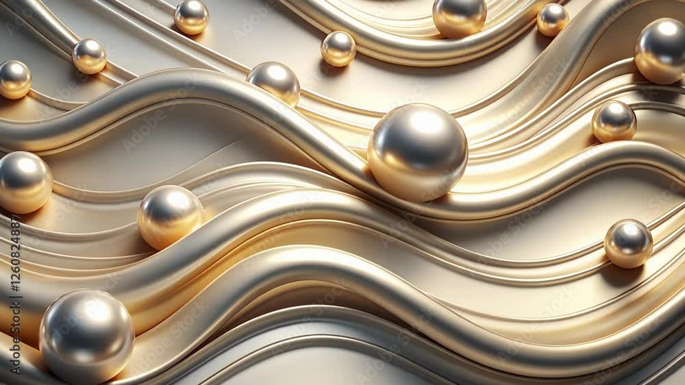Poster exploring the elegance of flowing golden waves and shimmering orbs in a surreal world of texture and