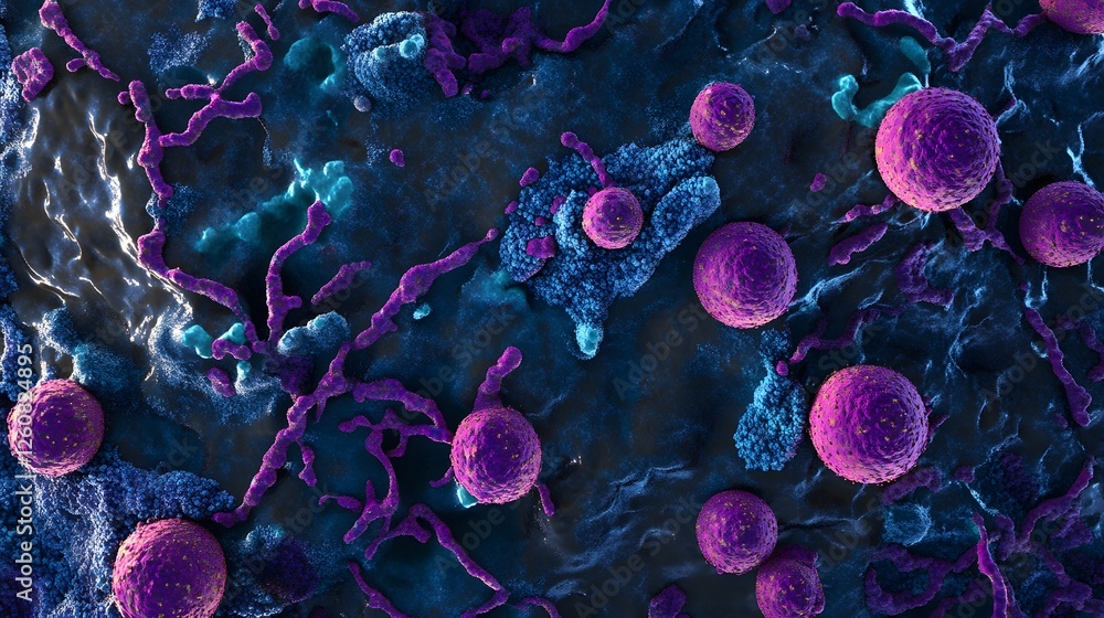 Poster detailed microscopic view showcasing the intricate molecular and cellular structures within a biolog
