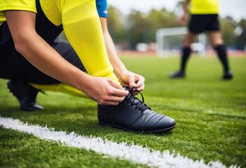 A close-up of a soccer player's hands adjusting their cleats on the field before a match, shot from a low angle, emphasizing the action of tying laces.