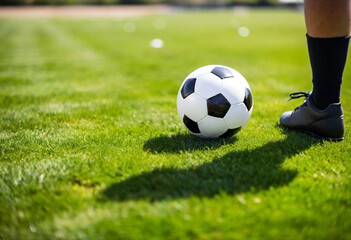 A macro shot of a soccer ball rolling over the grass with a single player's cleats just behind it, taken from a low angle.