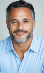 Obraz premium Confident and Warm: A mature, handsome man with a salt-and-pepper beard and a friendly smile exudes confidence and warmth in this professional headshot. He wears a light blue button-down shirt.
