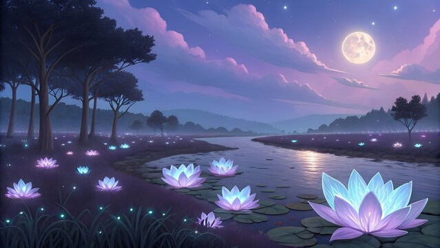 a serene and fantastical landscape illustration under a full moon