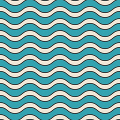 Black and white wavy lines on blue background. Simple vector seamless pattern.