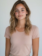 Obraz premium Natural Beauty Portrait: A young woman with warm brown hair and sparkling blue eyes gazes directly at the camera, her natural beauty shining through in a simple, yet elegant portrait.