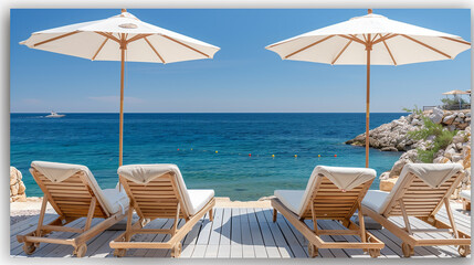 Tropical beach resort with white umbrellas and wooden sunbeds by the blue sea. Serene summer getaway, ocean breeze, and relaxation in paradise.